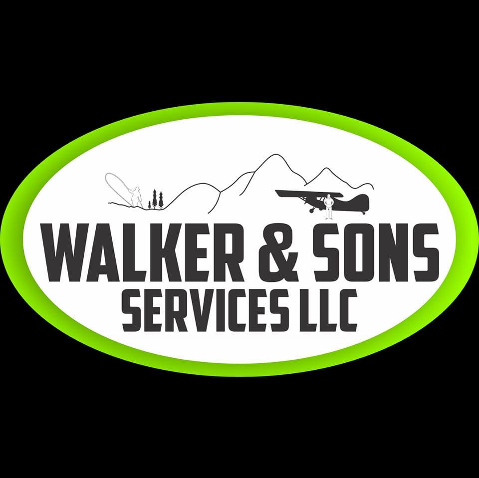 Logo of Walker & Sons Services LLC with mountain and airplane graphics.