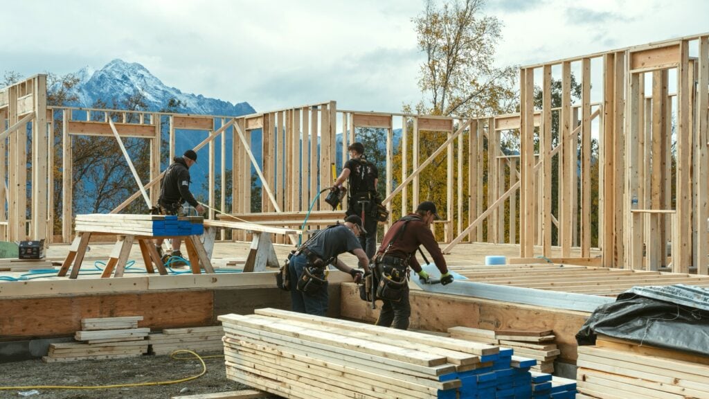 Alpenglow Builders LLC - Custom luxury home under construction in Palmer, Alaska, showcasing high-end architectural craftsmanship by Alpenglow Builder.