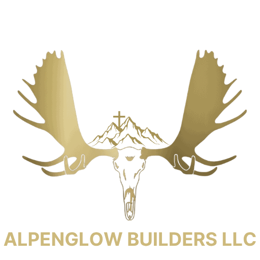 Alpenglow Builders LLC - A lush mountain landscape with a majestic moose skull and antlers, representing outdoor wilderness and craftsmanship.